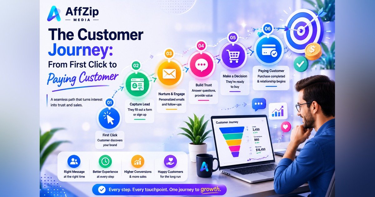 Customer journey from first website click to lead conversion and paying customer